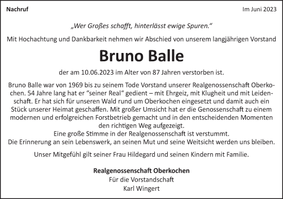 Traueranzeige von Bruno Balle von Schwäbische Post