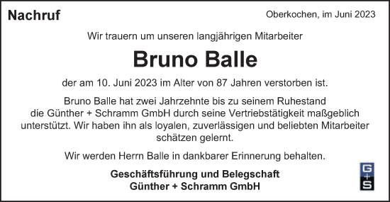 Traueranzeige von Bruno Balle von Schwäbische Post