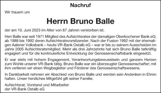 Traueranzeige von Bruno Balle von Schwäbische Post