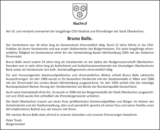 Traueranzeige von Bruno Balle von Schwäbische Post
