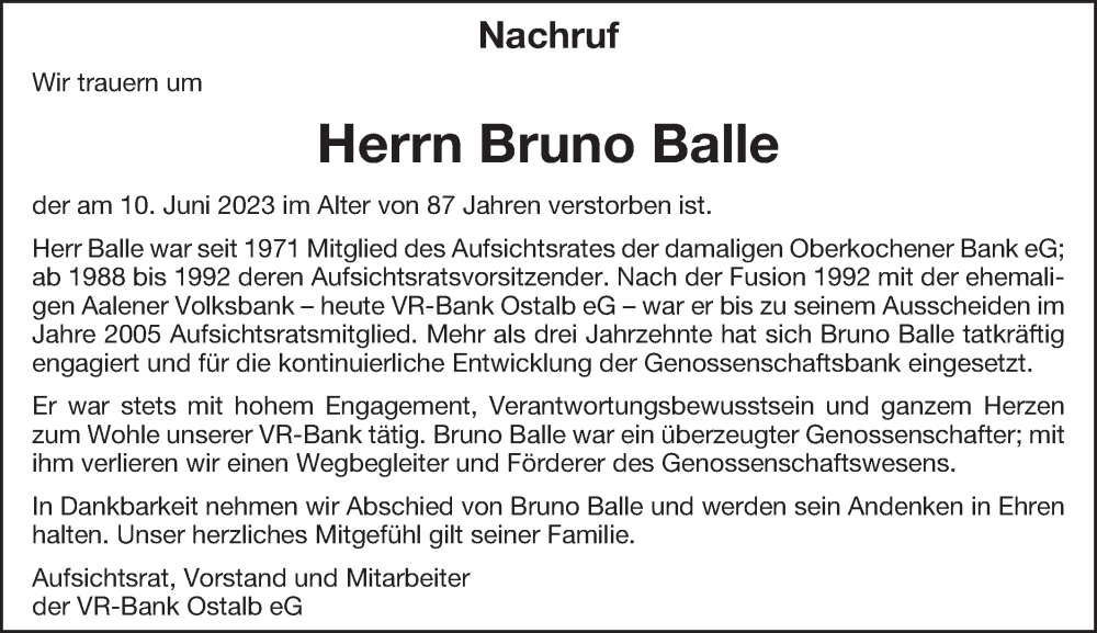  Traueranzeige für Bruno Balle vom 14.06.2023 aus Schwäbische Post