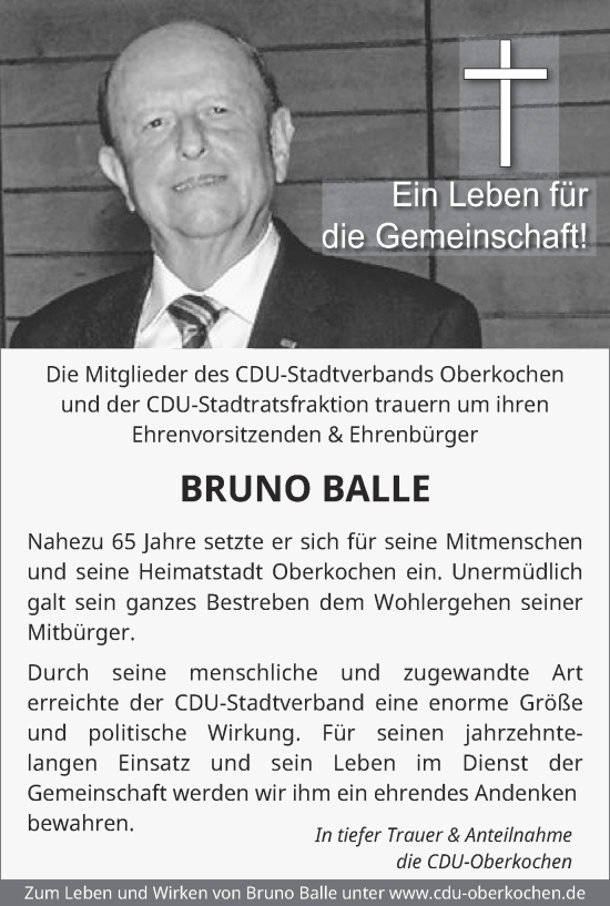 Traueranzeige von Bruno Balle von Schwäbische Post