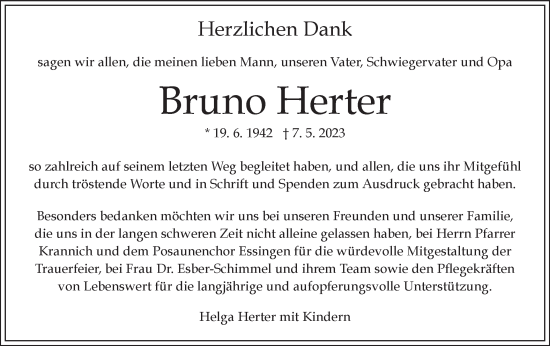 Traueranzeige von Bruno Herter von Schwäbische Post