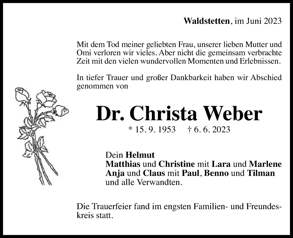  Traueranzeige für Christa Weber vom 20.06.2023 aus Gmünder Tagespost