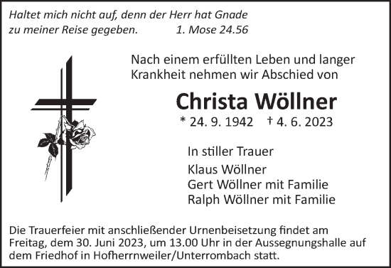 Traueranzeige von Christa Wöllner von Schwäbische Post