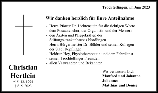 Traueranzeige von Christian Hertlein von Bopfinger Stadtanzeiger