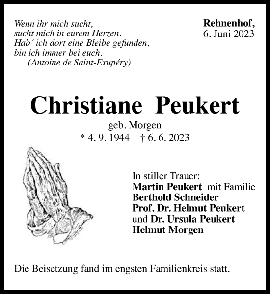 Traueranzeige von Christiane Peukert von Gmünder Tagespost