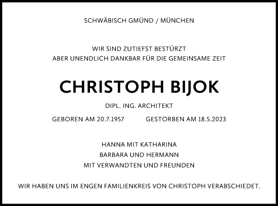 Traueranzeige von Christoph Bijok von Gmünder Tagespost