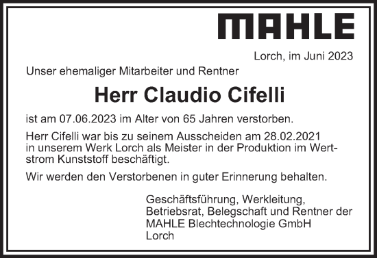 Traueranzeige von Claudio Cifelli von Gmünder Tagespost