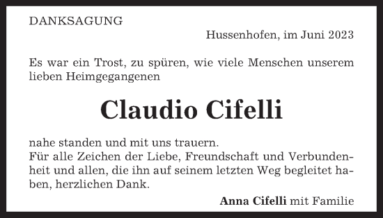 Traueranzeige von Claudio Cifelli von Gmünder Tagespost