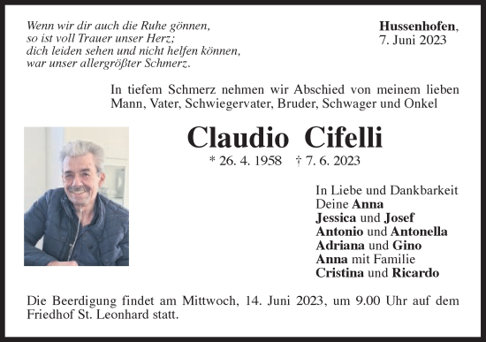 Traueranzeige von Claudio Cifelli von Gmünder Tagespost