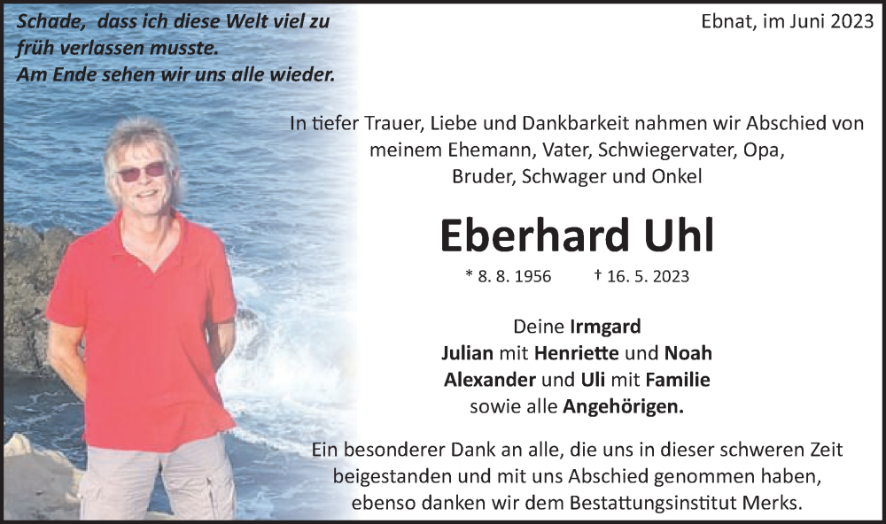  Traueranzeige für Eberhard Uhl vom 05.06.2023 aus Schwäbische Post