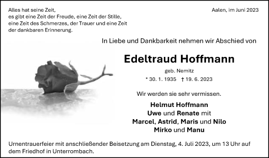 Traueranzeige von Edeltraud Hoffmann von Schwäbische Post