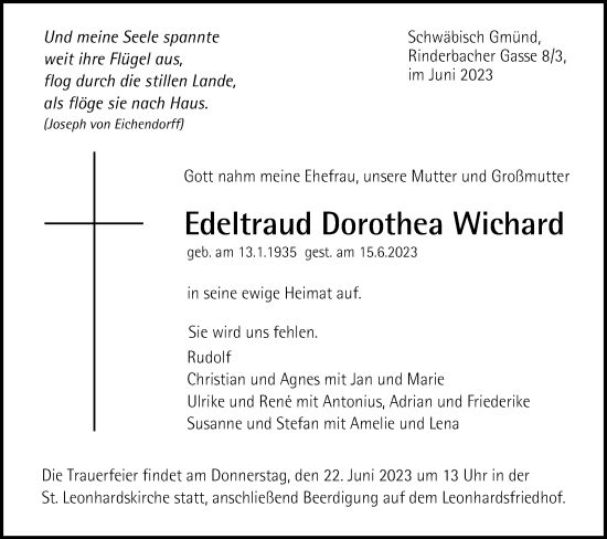 Traueranzeige von Edeltraud Dorothea Wichard von Gmünder Tagespost