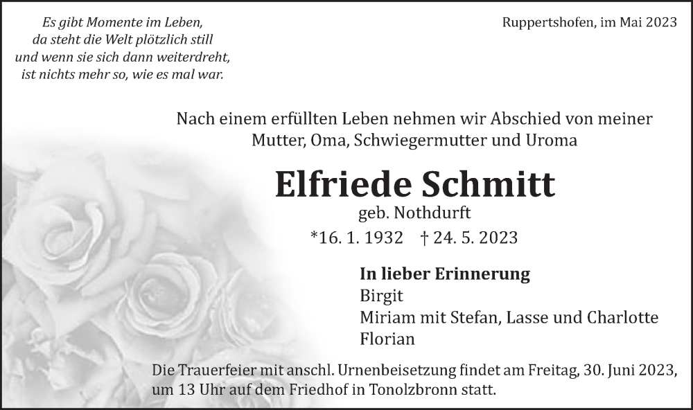  Traueranzeige für Elfriede Schmitt vom 17.06.2023 aus Gmünder Tagespost