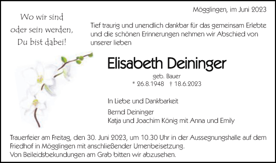 Traueranzeige von Elisabeth Deininger von Gmünder Tagespost