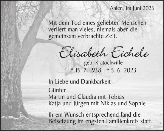 Traueranzeige von Elisabeth Eichele von Schwäbische Post