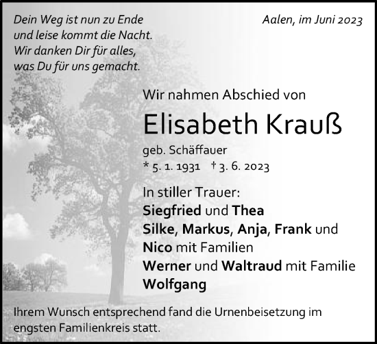 Traueranzeige von Elisabeth Krauß von Schwäbische Post
