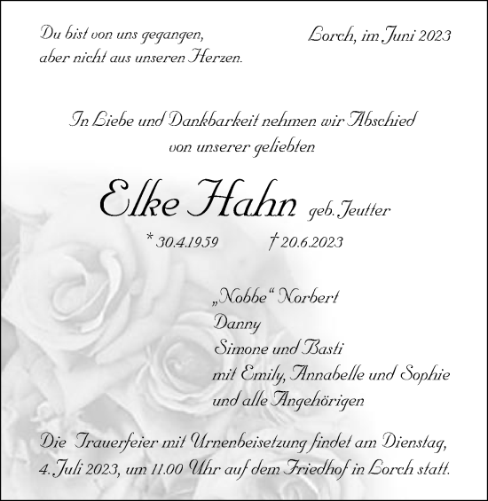 Traueranzeige von Elke Hahn von Gmünder Tagespost