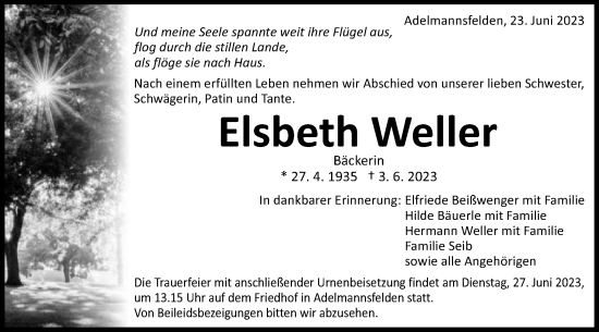 Traueranzeige von Elsbeth Weller von Schwäbische Post