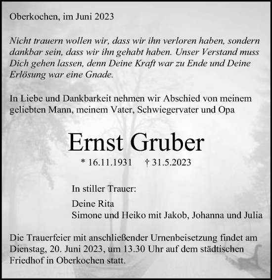 Traueranzeige von Ernst Gruber von Schwäbische Post