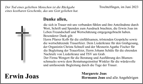 Traueranzeige von Erwin Joas von Schwäbische Post