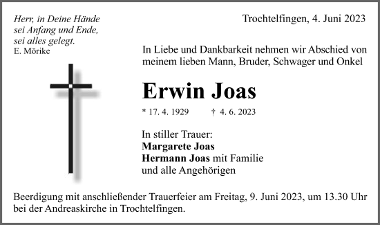 Traueranzeige von Erwin Joas von Schwäbische Post