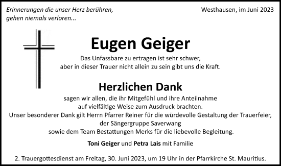 Traueranzeige von Eugen Geiger von Schwäbische Post