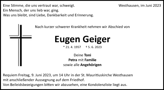 Traueranzeige von Eugen Geiger von Schwäbische Post
