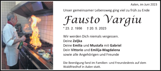 Traueranzeige von Fausto Vargiu von Schwäbische Post