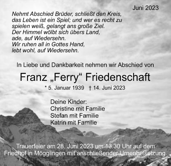 Traueranzeige von Franz Friedenschaft von Gmünder Tagespost