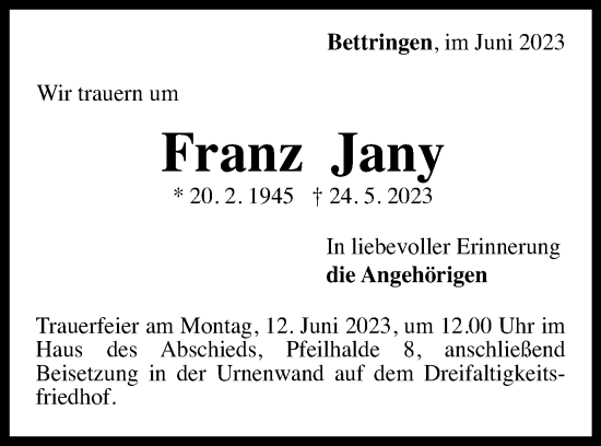 Traueranzeige von Franz Jany von Gmünder Tagespost