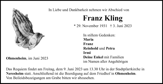 Traueranzeige von Franz Kling von Schwäbische Post