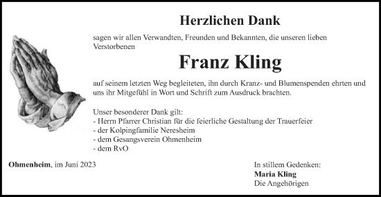 Traueranzeige von Franz Kling von Schwäbische Post