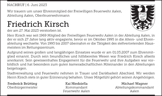 Traueranzeige von Friedrich Kirsch von Schwäbische Post