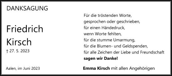 Traueranzeige von Friedrich Kirsch von Schwäbische Post