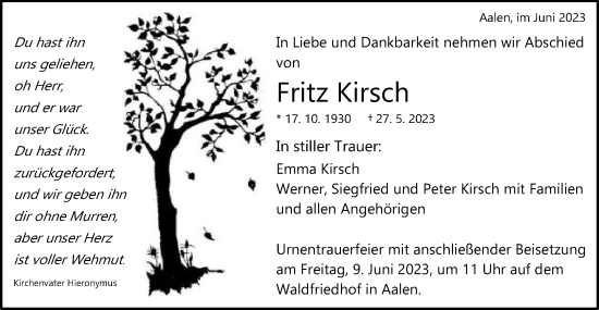 Traueranzeige von Fritz Kirsch von Schwäbische Post
