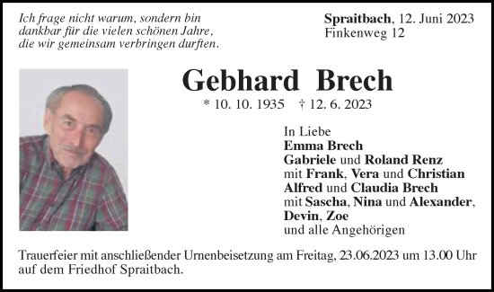 Traueranzeige von Gebhard Brech von Gmünder Tagespost