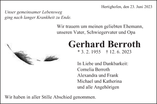 Traueranzeige von Gerhard Berroth von Gmünder Tagespost