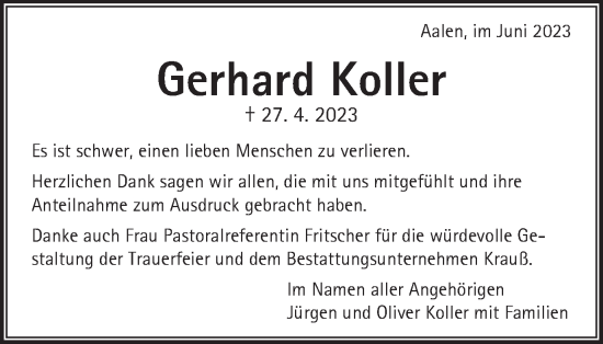 Traueranzeige von Gerhard Koller von Schwäbische Post