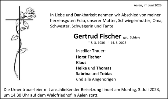 Traueranzeige von Gertrud Fischer von Schwäbische Post