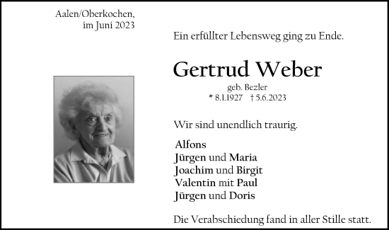 Traueranzeige von Gertrud Weber von Schwäbische Post