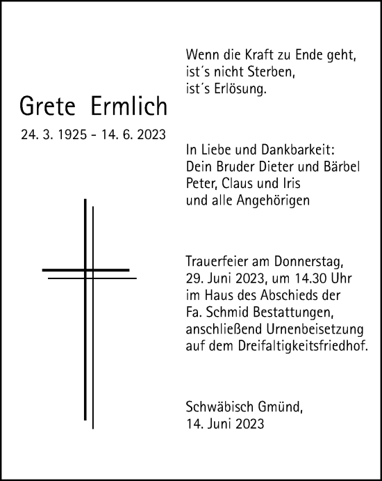 Traueranzeige von Grete Ermlich von Gmünder Tagespost