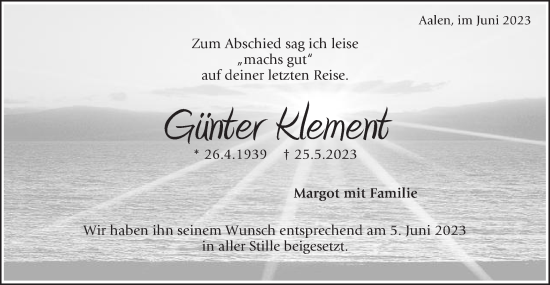 Traueranzeige von Günter Klement von Schwäbische Post