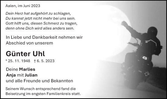 Traueranzeige von Günter Uhl von Schwäbische Post