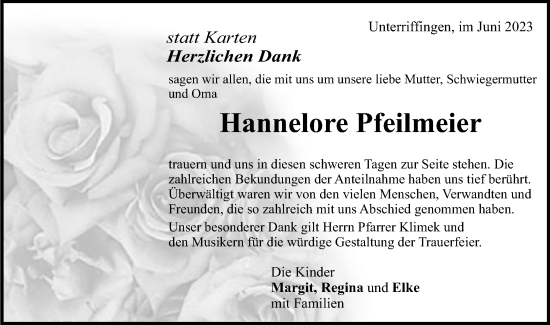 Traueranzeige von Hannelore Pfeilmeier von Schwäbische Post