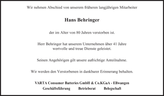 Traueranzeige von Hans Behringer von Schwäbische Post