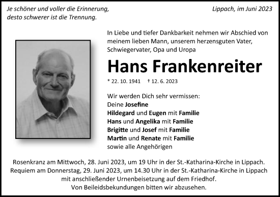 Traueranzeige von Hans Frankenreiter von Schwäbische Post