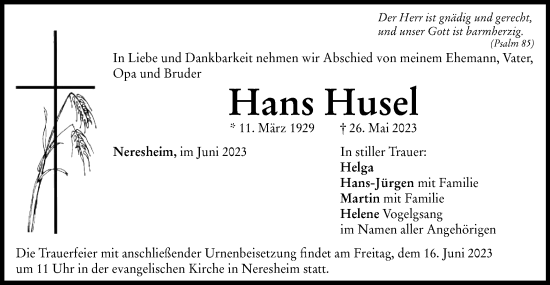 Traueranzeige von Hans Husel von Schwäbische Post