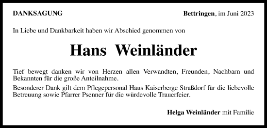 Traueranzeige von Hans Weinländer